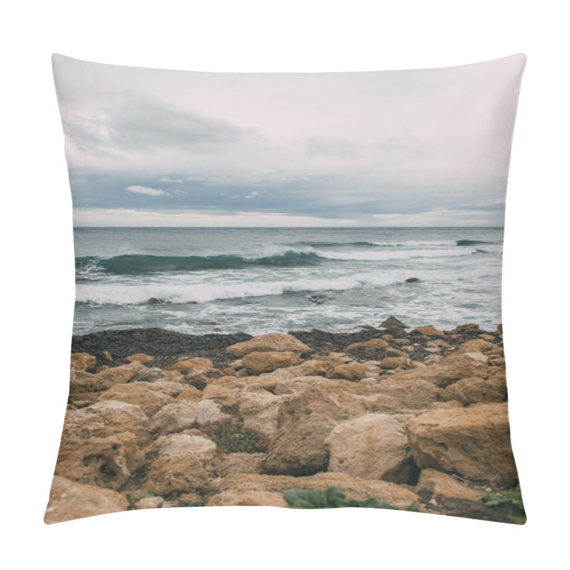 Personality  Coastline With Stones Near Mediterranean Sea Against Sky Pillow Covers