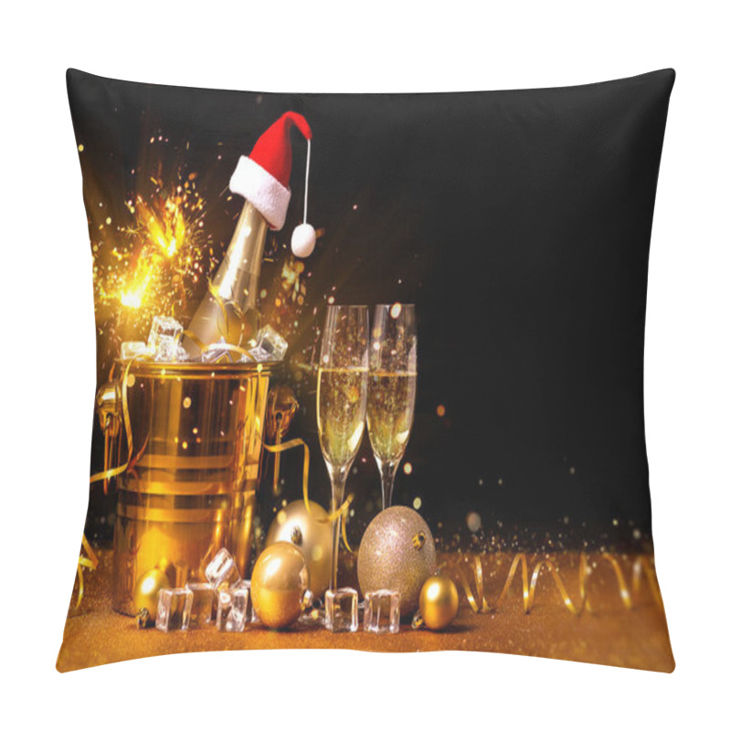 Personality  A Bottle Of Champagne In A Golden Bucket With Ice And Two Glasses Of Champagne On A Black Background In Christmas Decorations. Pillow Covers