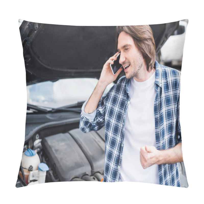 Personality  Happy Man Talking On Smartphone And Standing Near Broken Auto With Open Trunk, Car Insurance Concept Pillow Covers