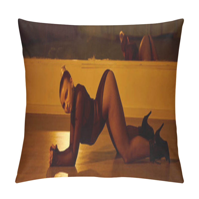 Personality  Banner Of Woman In High Heels Stretching Her Body Upon The Polished Floor In Dancing Studio Pillow Covers