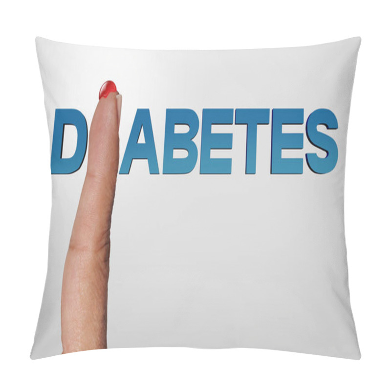 Personality  Diabetes Concept And Diabetic And Medicine Text Symbol As A Blood Drop On A Finger As An Insulin Deficient Hypoglycemia Concept With 3D Illustration Elements. Pillow Covers