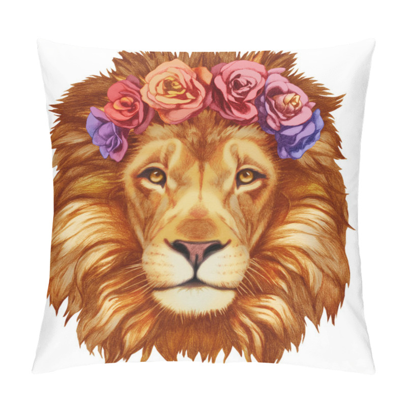 Personality  Lion With Floral Head Wreath. Pillow Covers