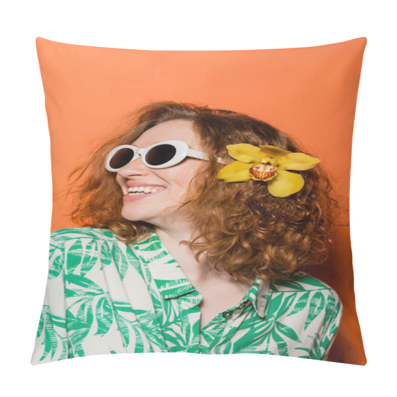 Personality  Happy And Confident Young Redhead Woman With Orchid Flower In Hair, Stylish Sunglasses And Modern Blouse Standing On Orange Background, Summer Casual And Fashion Concept, Youth Culture Pillow Covers