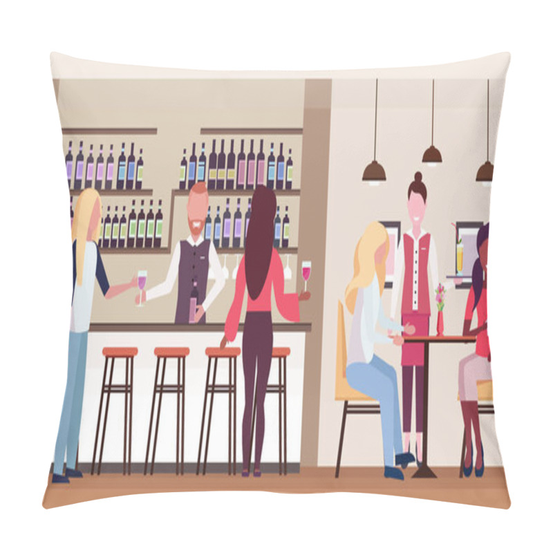 Personality  Women Standing At Bar Counter Drinking Alcohol Bartender Holding Wine Bottle And Glass Barman And Waitress Serving Mix Race Clients Modern Cafe Interior Flat Horizontal Pillow Covers