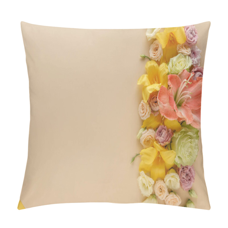 Personality  Top View Of Spring Floral Border On Beige And Yellow Background Pillow Covers