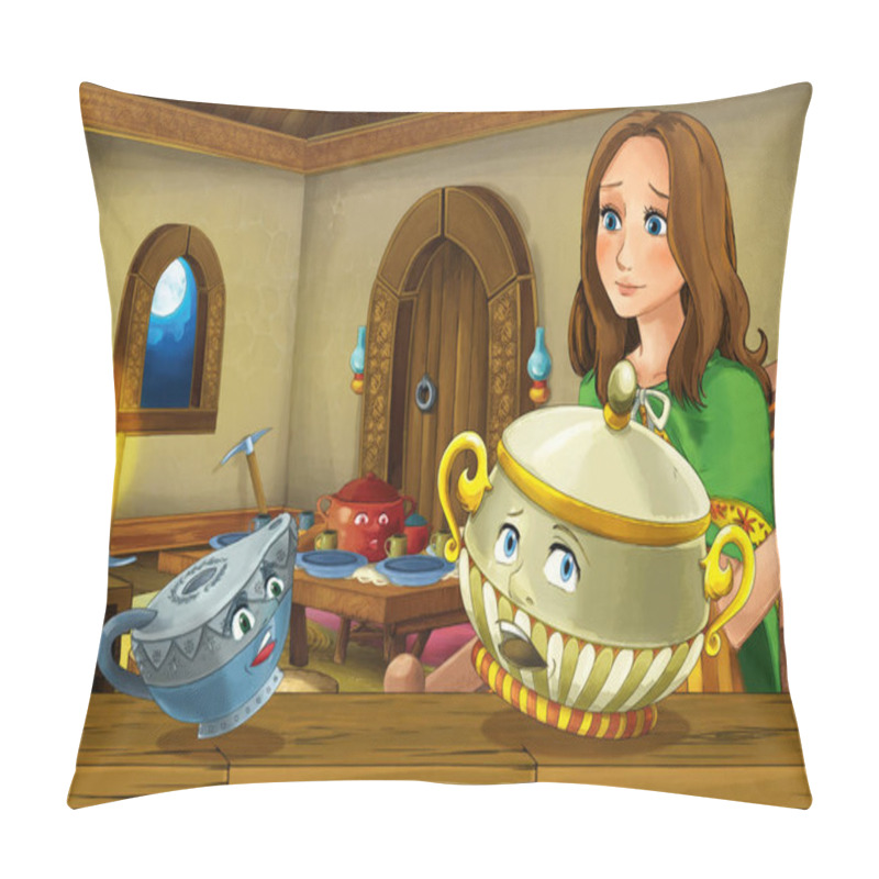 Personality  Cartoon Scene With Old Traditional Kitchen With Magical Living Dishes And Young Girl Princess - Illustration For Children Pillow Covers