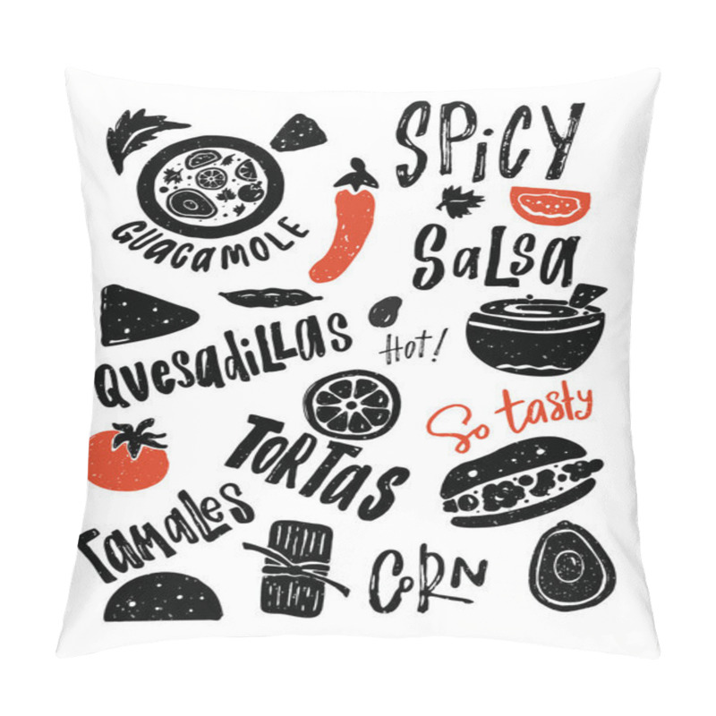 Personality  Mexican Street Food Elements. Hand Drawn Illustrations And Llettering With Different Mexican Dishes. Typography Poster. Pillow Covers