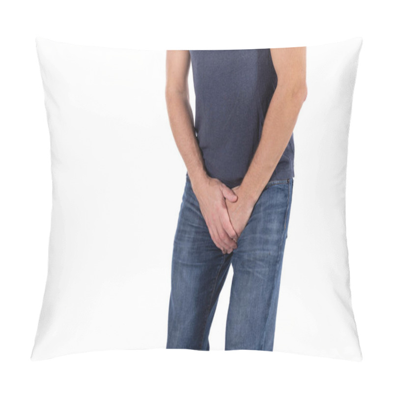 Personality  Man Holding His Urethra In Pain. Man Experience Urethra Pain On White Background Pillow Covers