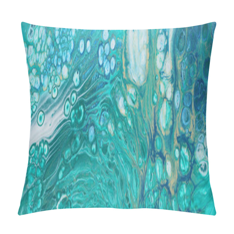 Personality  Art Photography Of Abstract Marbleized Effect Background. Turquoise, Emerald Green, Blue And Gold Creative Colors. Beautiful Paint. Banner Pillow Covers