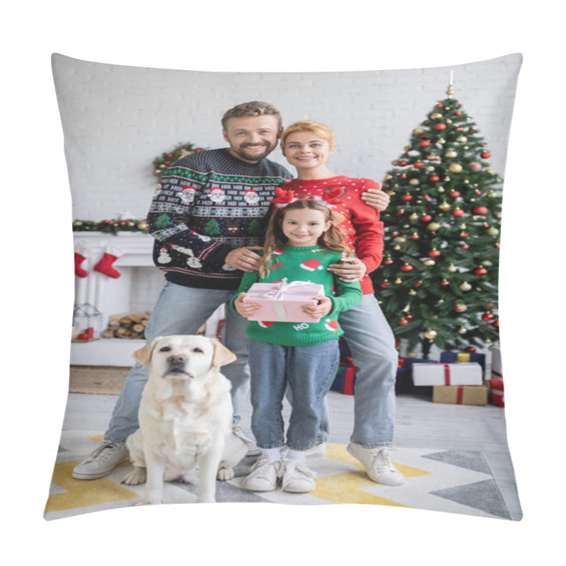 Personality  Happy Family With Gift Looking At Camera Near Labrador During Christmas At Home  Pillow Covers