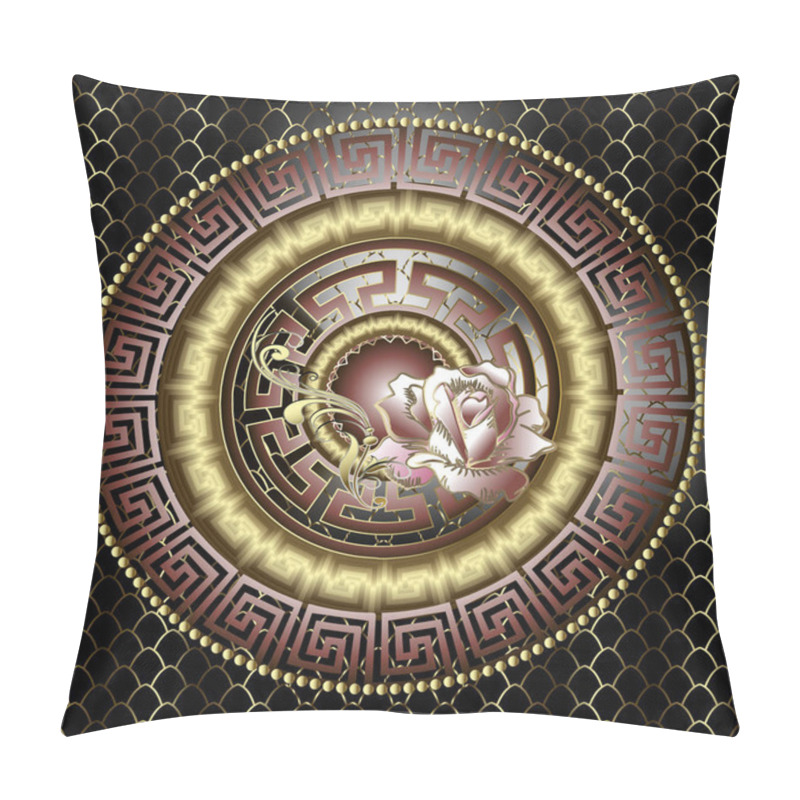 Personality  Modern 3d Floral Greek Vector Seamless Mandala Pattern. Grig Textured Abstract Background. Geometric Lattice Repeat Backdrop. Baroque Design With Rose Flower. Round Greek Key Meanders Gold Ornament Pillow Covers