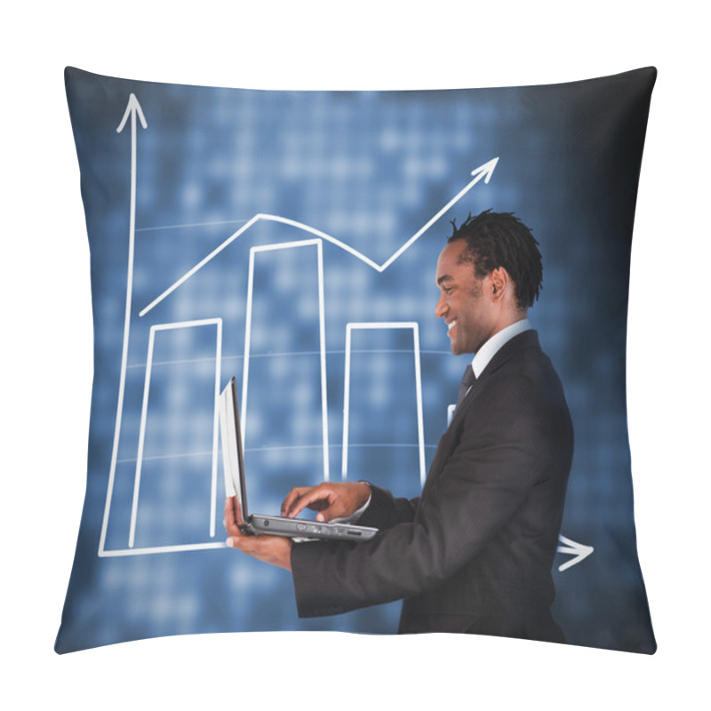 Personality  Businessman Working With Laptop Against A Background Pillow Covers