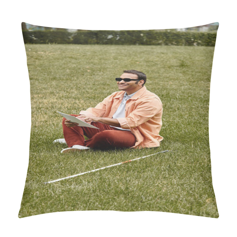 Personality  Jolly Indian Blind Man In Orange Vivid Jacket Sitting On Grass With Glasses And Reading Braille Code Pillow Covers