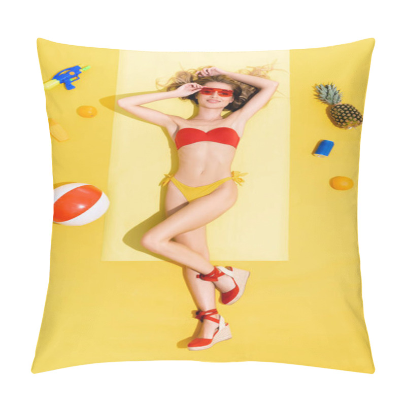 Personality  Top View Of Smiling Woman Resting On Beach Mat Near Fruits, Inflatable Ball, Sunscreen, Can Of Soda And Water Gun On Yellow Pillow Covers