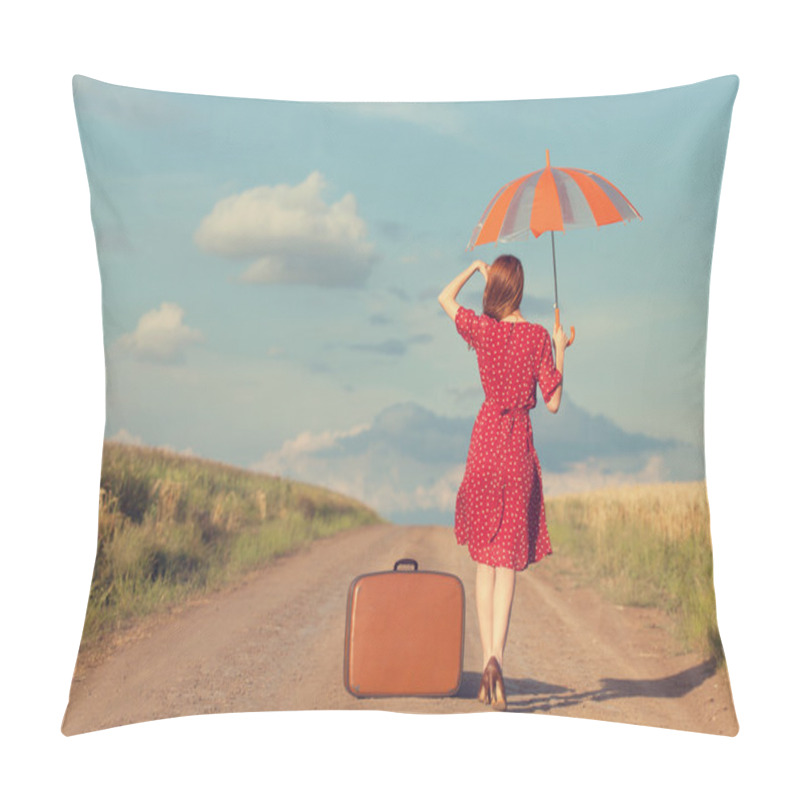 Personality  Redhead Girl With Umbrella And Suitcase At Outdoor Pillow Covers