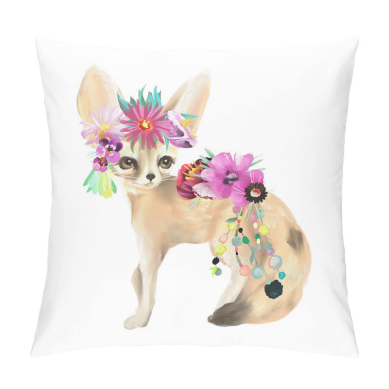 Personality  Cute Mexican Animal Fennec Fox With Boho Feathers Decoration And Floral Bouquet Pillow Covers