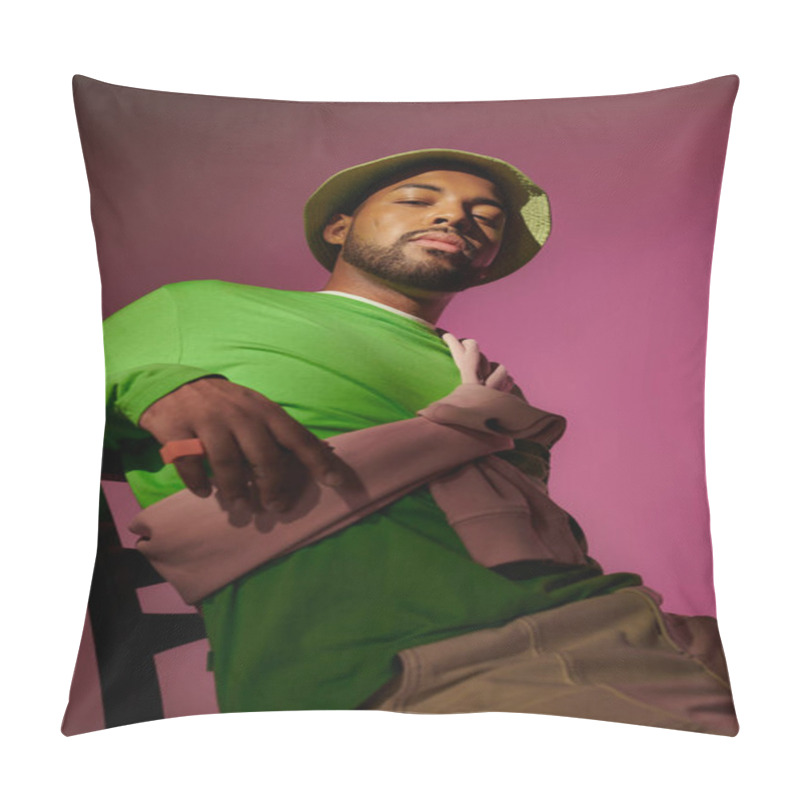 Personality  Handsome Young Man In Green Panama Sitting On Chair And Looking At Camera, Fashion Concept Pillow Covers