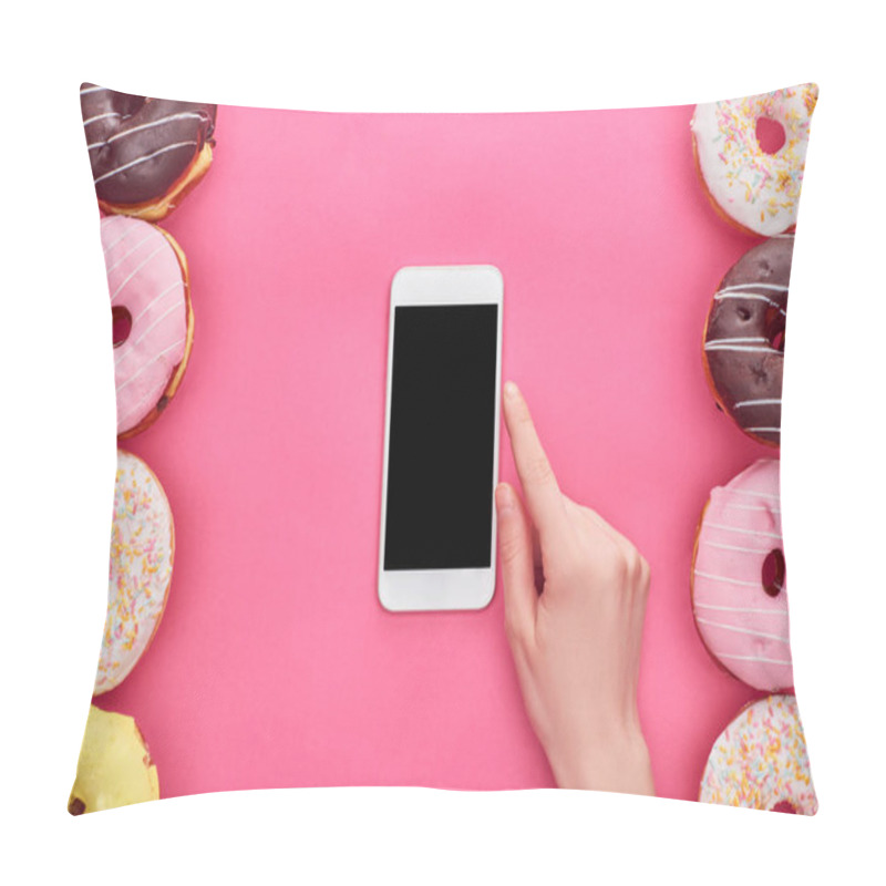 Personality  Cropped View Of Woman Pointing With Finger At Smartphone On Pink Background With Tasty Doughnuts Pillow Covers