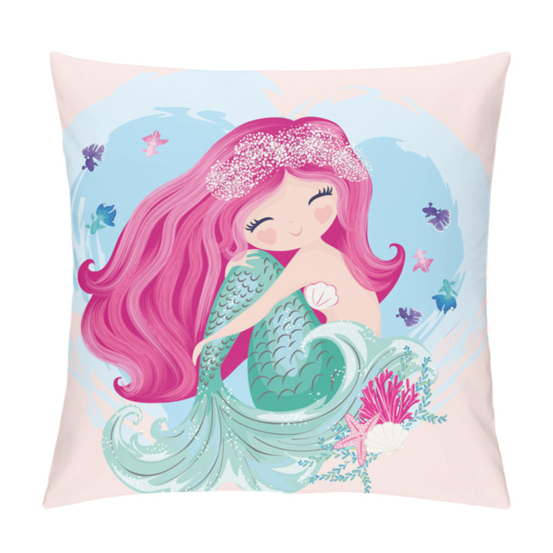 Personality  Cute Mermaid With Long Pink Hair Pillow Covers