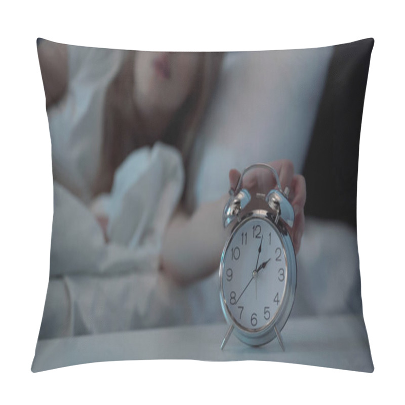 Personality  Cropped View Of Blurred Woman Turning Off Alarm Clock In Bedroom At Night  Pillow Covers