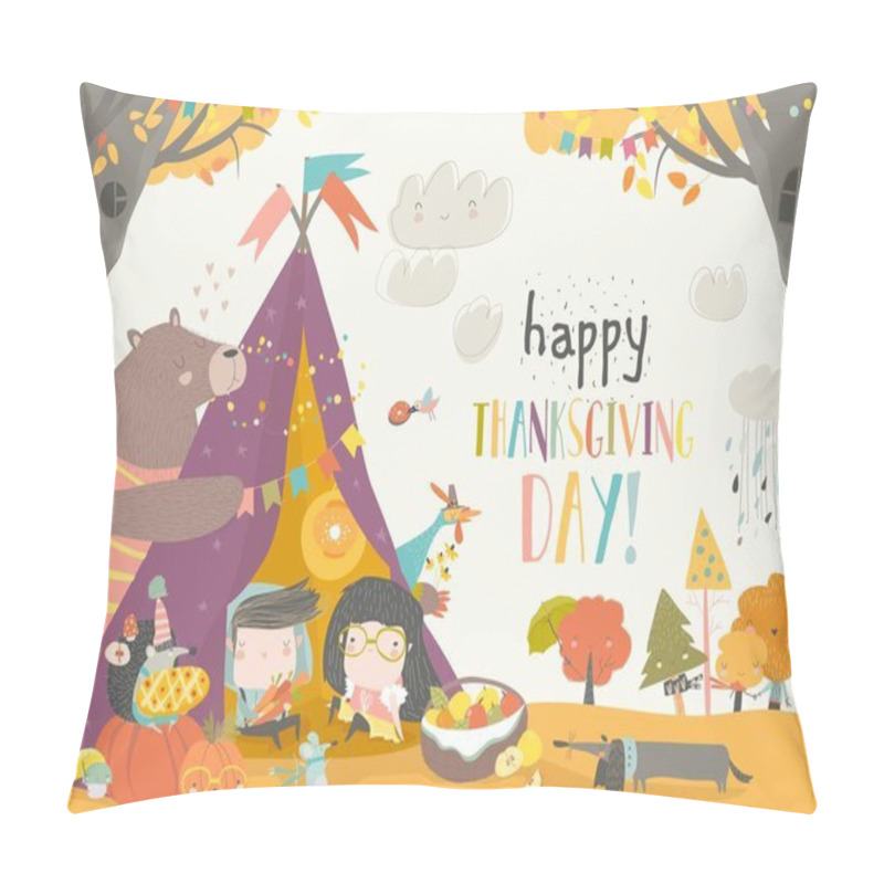 Personality  Cute Kids Celebrating Thanksgiving Day With Animals In A Teepee Tent Pillow Covers