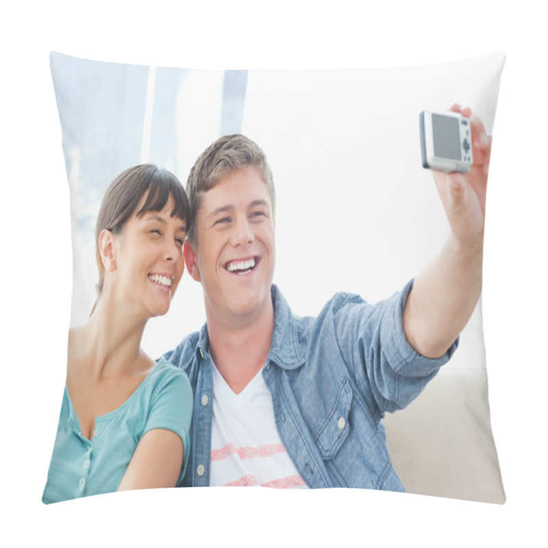 Personality  Posing Couple Sit Together As They Smile For A Photo Pillow Covers