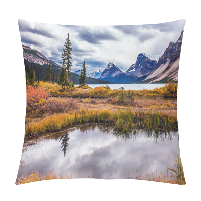 Personality  The Rockies Of Canada. Red, Yellow And Orange Autumn Grass On The Shores Of The Bow Lake. Small Picturesque Puddle Reflects The Cloudy Sky. The Concept Of Active, Environmental And Photo Tourism Pillow Covers