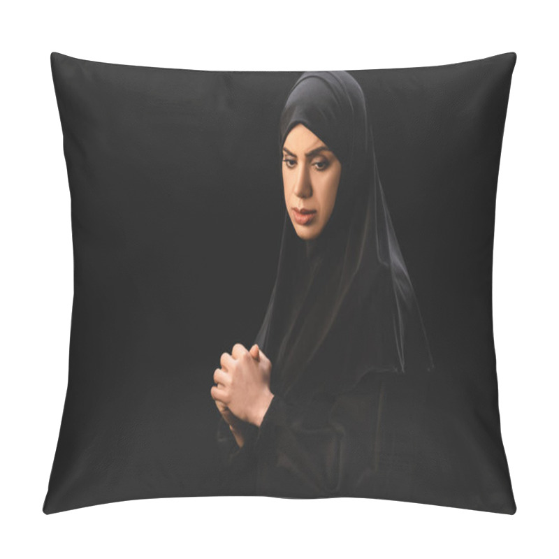 Personality  Side View Of Upset Muslim Woman In Hijab With Clenched Hands Isolated On Black  Pillow Covers