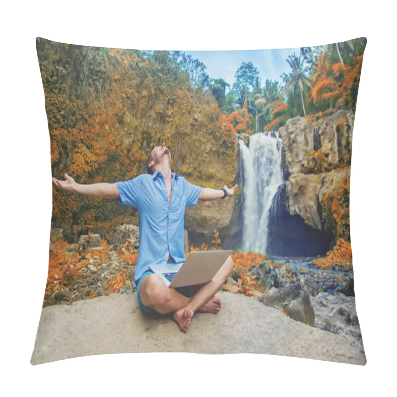 Personality  Man With Laptop  In A Jungle Pillow Covers