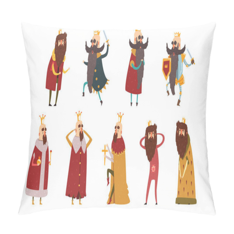 Personality  Set Of Different Funny Bearded Kings In Different Actions. Old Men Wearing Gold Crowns, Mantels And Armor. Rulers Of Kingdoms. Cartoon Characters. Flat Vector Design Pillow Covers