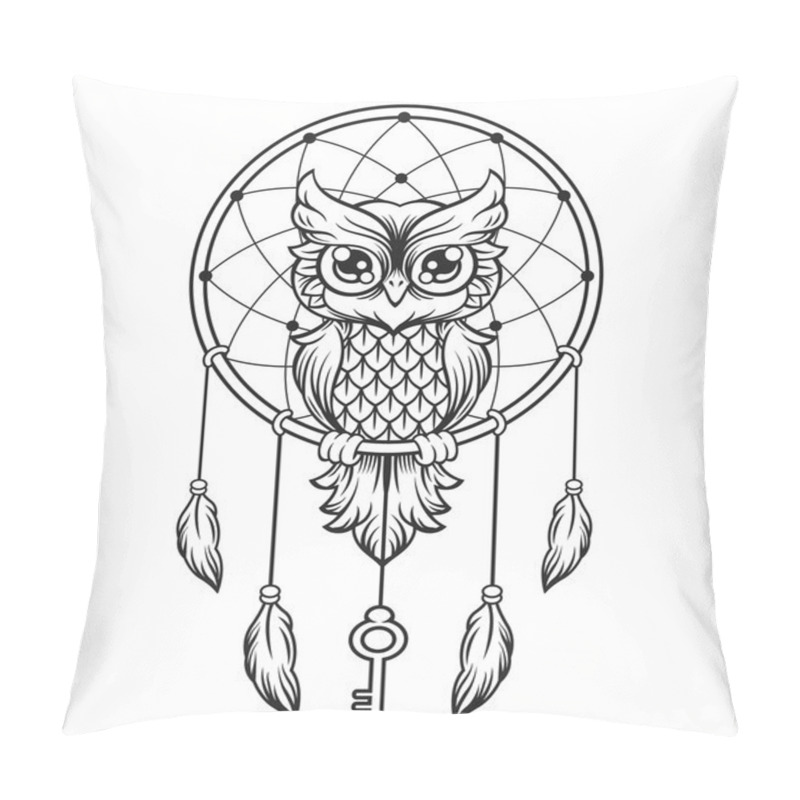 Personality  Dream-catcher Black And White Owl. Vector Line Illustration Pillow Covers