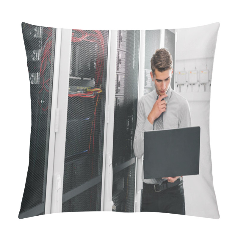 Personality  Portrait Of Modern Young Man Holding Laptop Standing In Server Room Working With Supercomputer Pillow Covers