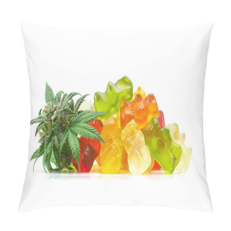 Personality  Gummy Bear Medical Marijuana Edibles, Candies Infused With CBD Or THC, With Cannabis Bud Isolated On White Background Pillow Covers