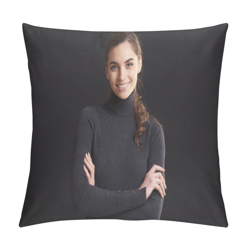 Personality  Close-up Studio Portrait Shot Of Beautiful Young Woman Wearing Roll Neck Sweater And Looking At Camera While Standing With Arms Crossed At Dark Background.  Pillow Covers