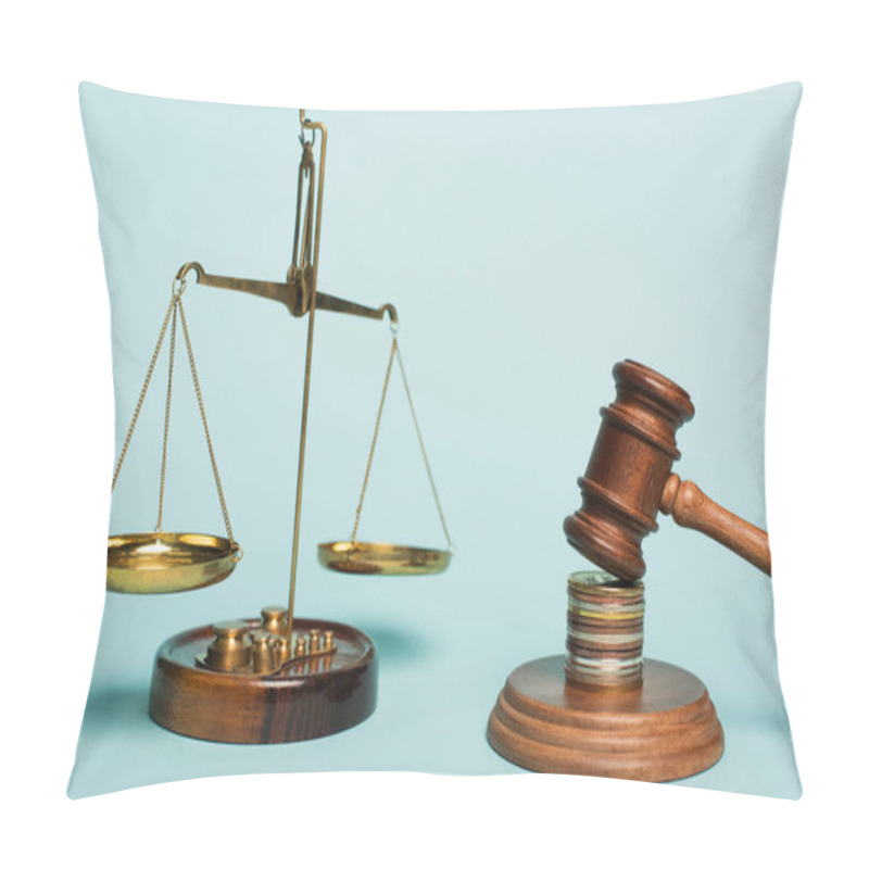 Personality  Bronze Justice Scales, Wooden Gavel And Coins On Blue Background, Anti-corruption Concept Pillow Covers