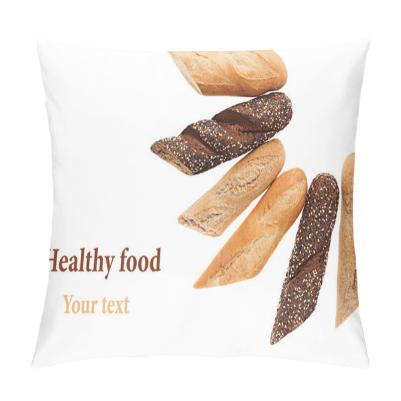 Personality  Cut Baguette Bread Of Different Varieties On A White Background. Rye, Wheat And Whole Grain Bread. Isolated. Decorative Frame Of Bread. Food Background. Copy Space. Pillow Covers