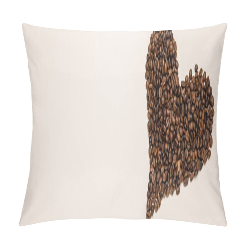 Personality  Top View Of Heart Made Of Coffee Grains On Beige Background, Panoramic Shot Pillow Covers