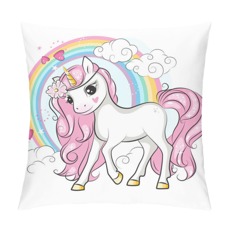 Personality  Cute Smiling Unicorn With Pink Mane And With A Wreath Of Flowers On His Head . Rainbow And Clouds. Hand Drawn Illustration  For Your Design.  Pillow Covers