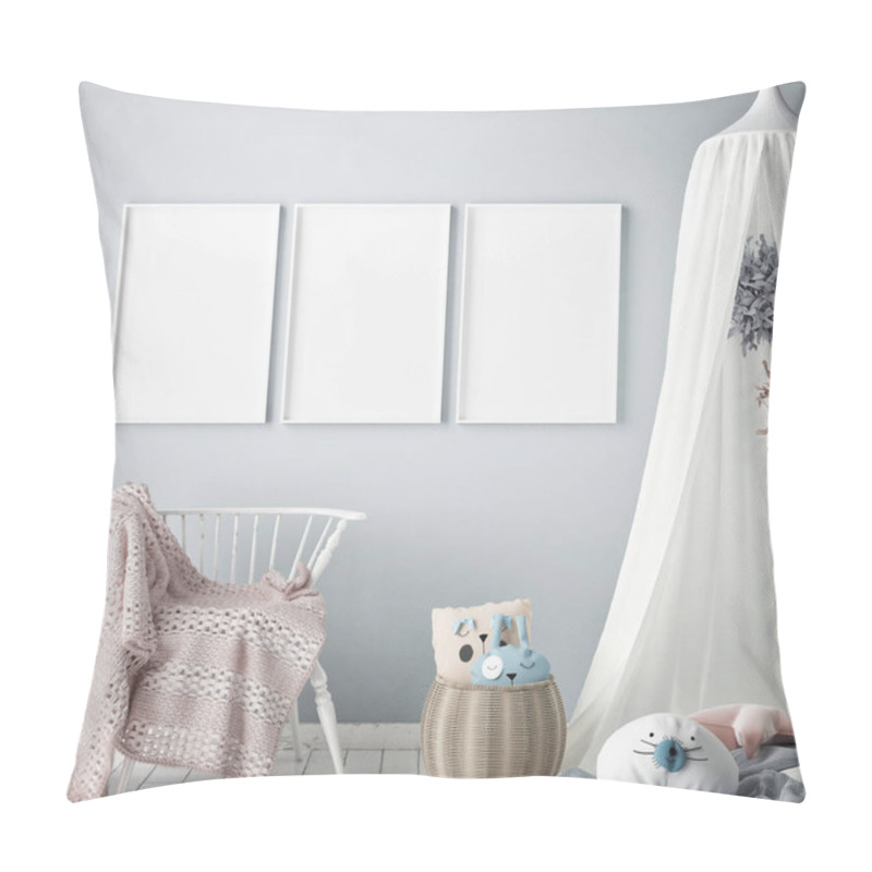 Personality  Mock Up Poster Frame In Children Bedroom, Scandinavian Style Interior Background, 3D Render Pillow Covers