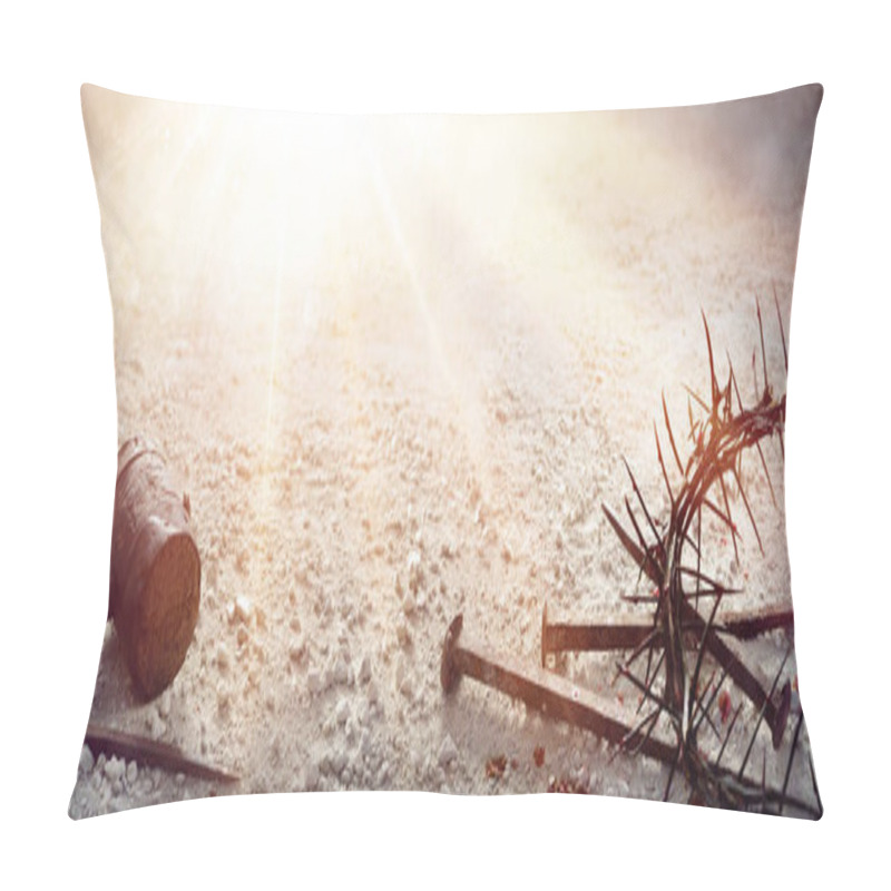 Personality  Passion Of Jesus Christ - Hammer And Bloody Nails And Crown Of Thorns On Arid Ground Pillow Covers