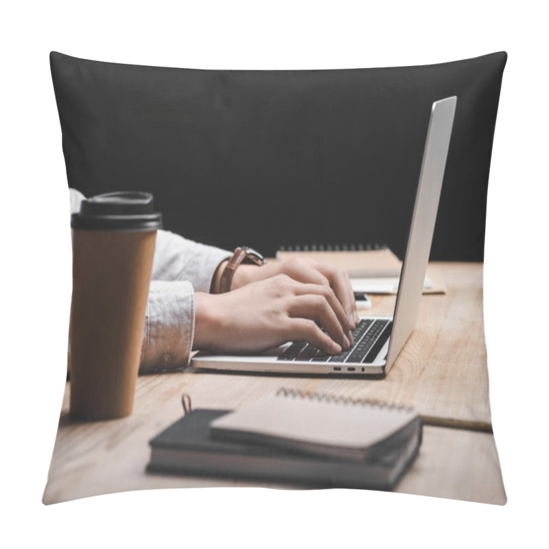 Personality  Cropped View Of Seo Manager Sitting At Table And Using Laptop  Pillow Covers