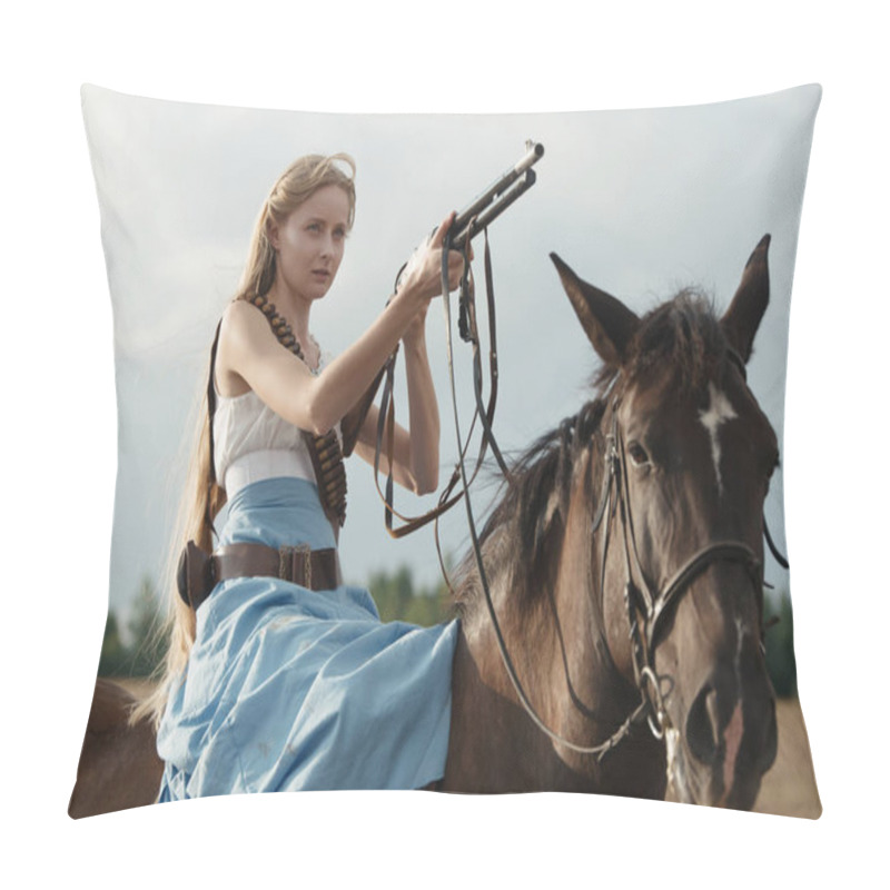 Personality  Portrait Of A Beautiful Female Cowgirl With Shotgun From Wild West Riding A Horse In The Outback Pillow Covers