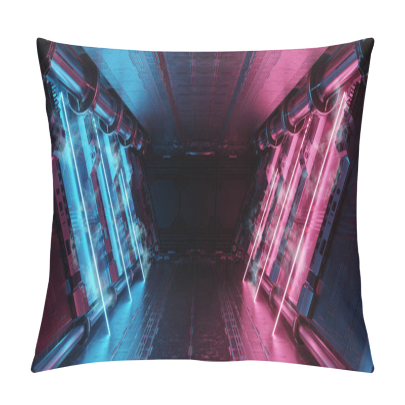 Personality  Blue And Pink Spaceship Interior With Neon Lights On Panel Walls. Futuristic Modern Corridor In Space Station Background. 3d Rendering Pillow Covers