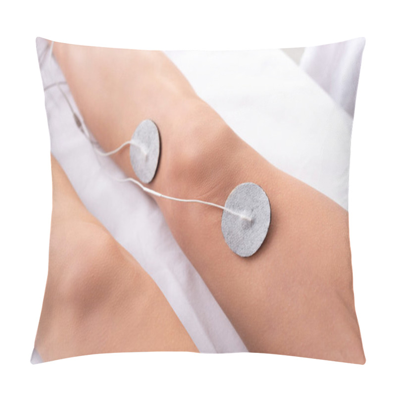 Personality  Cropped View Of Woman Lying On Massage Couch During Electrotherapy Of Knee Isolated On Grey Pillow Covers