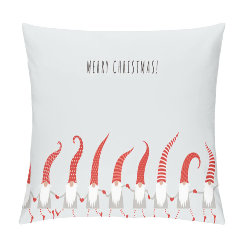 Personality  Greeting Card With Cute Christmas Gnomes In Red Striped Hats, Vector, Illustration Pillow Covers