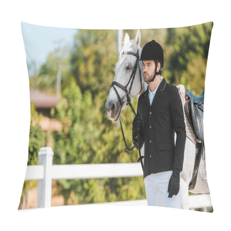 Personality  Handsome Male Equestrian Standing Near Horse At Horse Club Pillow Covers