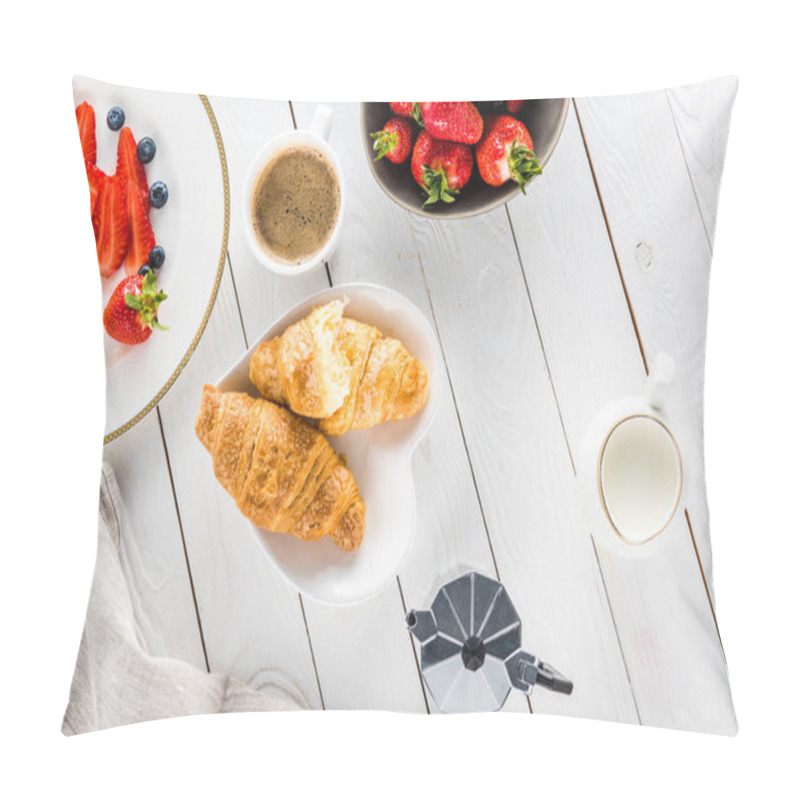 Personality  Croissants With Coffee And Strawberries On Wooden Tabletop Pillow Covers