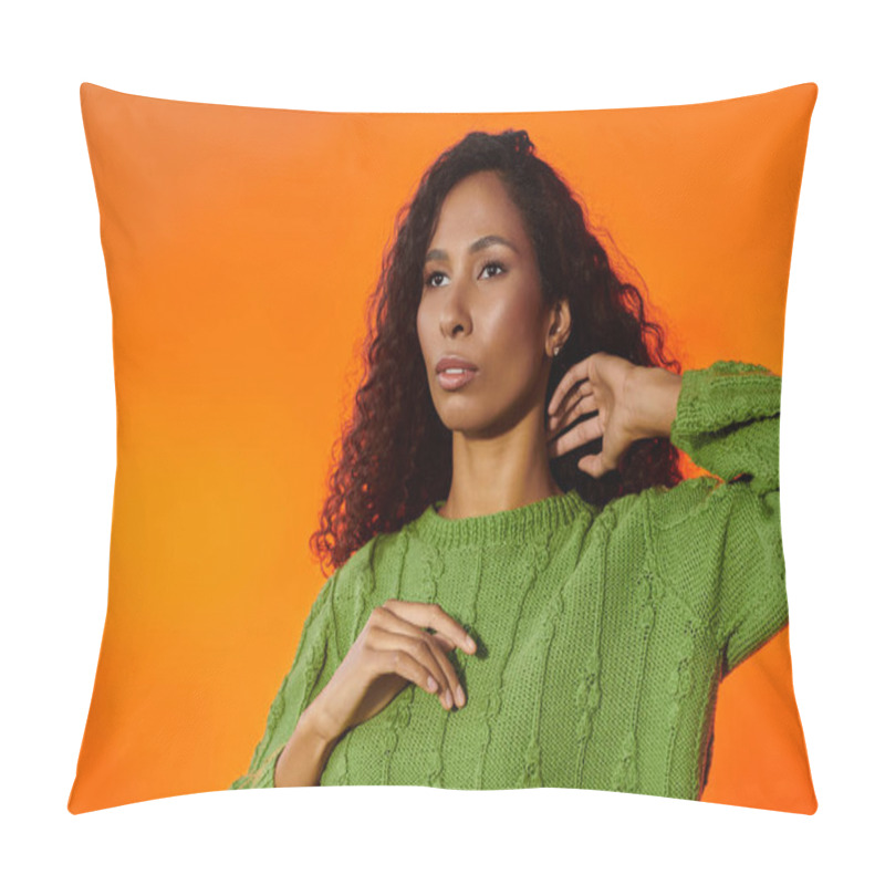 Personality  Striking Woman Poses Thoughtfully, Showcasing Her Natural Beauty Amidst A Bold Orange Background. Pillow Covers