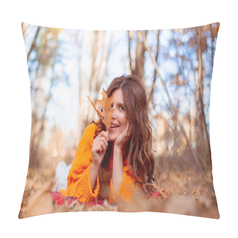 Personality  A Young Woman In An Autumn Park In An Orange Sweater Pillow Covers