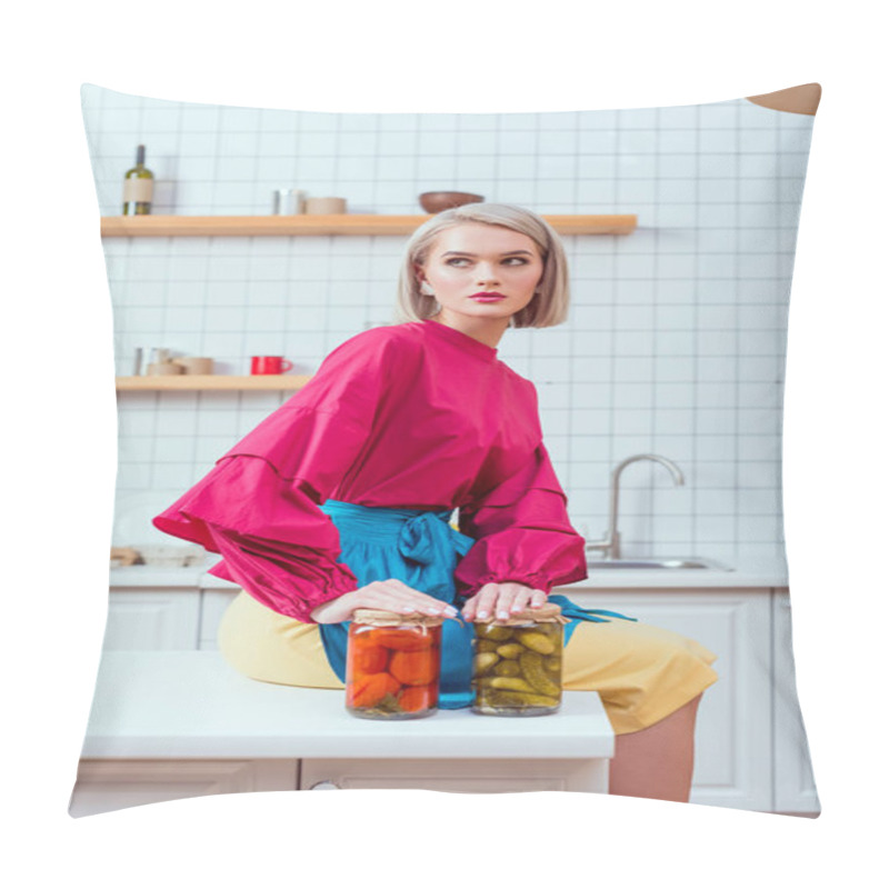 Personality  Selective Focus Of Beautiful Fashionable Housewife Sitting On Kitchen Counter With Jars Of Pickled Vegetables In In Kitchen  Pillow Covers